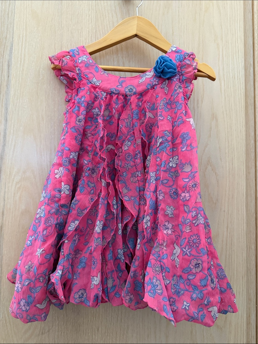 pumpkin patch Pink Floral Ruffled Skater Dress with Blue Rosette